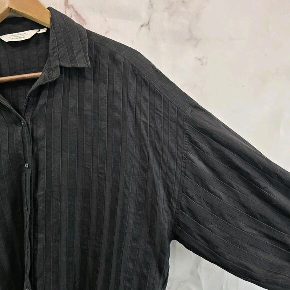 & Other Stories T Shirt Womens Small 4 Black Button Linen Striped Oversized Boxy - Picture 11 of 12